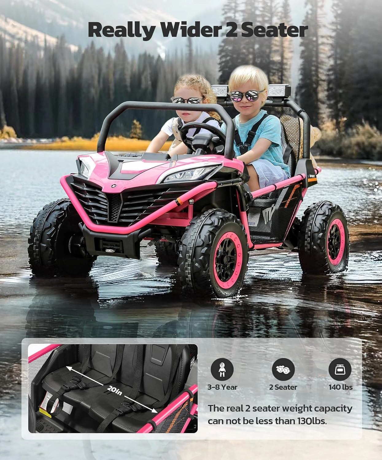 ELEMARA 24V 10AH 2 Seater Ride on Toy for Big Kids,20in Wide Seats All-Terrain 4WD Ride on Car,4.5MPH Speed Electric Vehicle with Remote Control,Bluetooth,LED,Soft Star,Pink