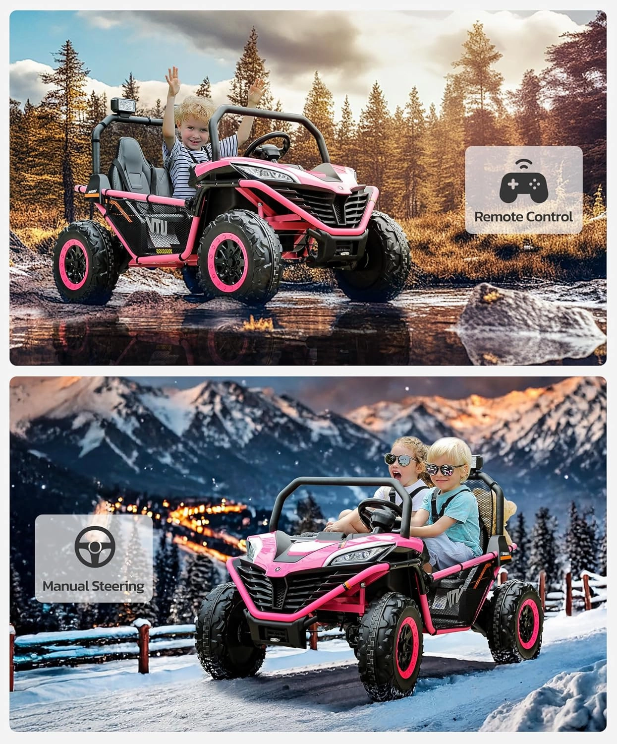 ELEMARA 24V 10AH 2 Seater Ride on Toy for Big Kids,20in Wide Seats All-Terrain 4WD Ride on Car,4.5MPH Speed Electric Vehicle with Remote Control,Bluetooth,LED,Soft Star,Pink