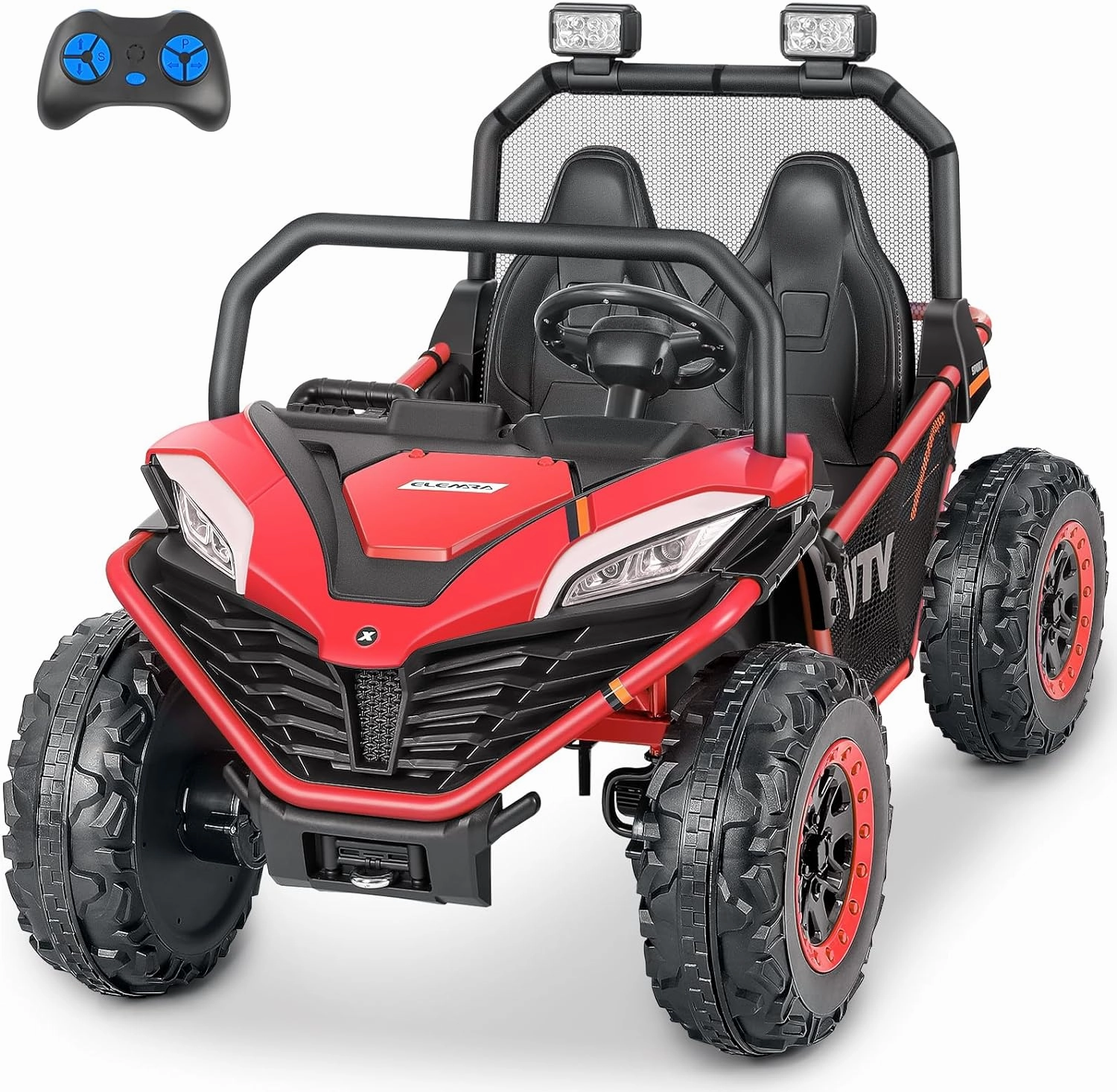 ELEMARA 24V 2 Seater Ride on Car for Kids,10AH 4WD Powered Ride on Toy for Big Kids,4.5MPH Large Side by Side Electric Car with Remote,Bluetooth,LED Light,3 Speeds,Music，Storage for 3-8 Gift,Red