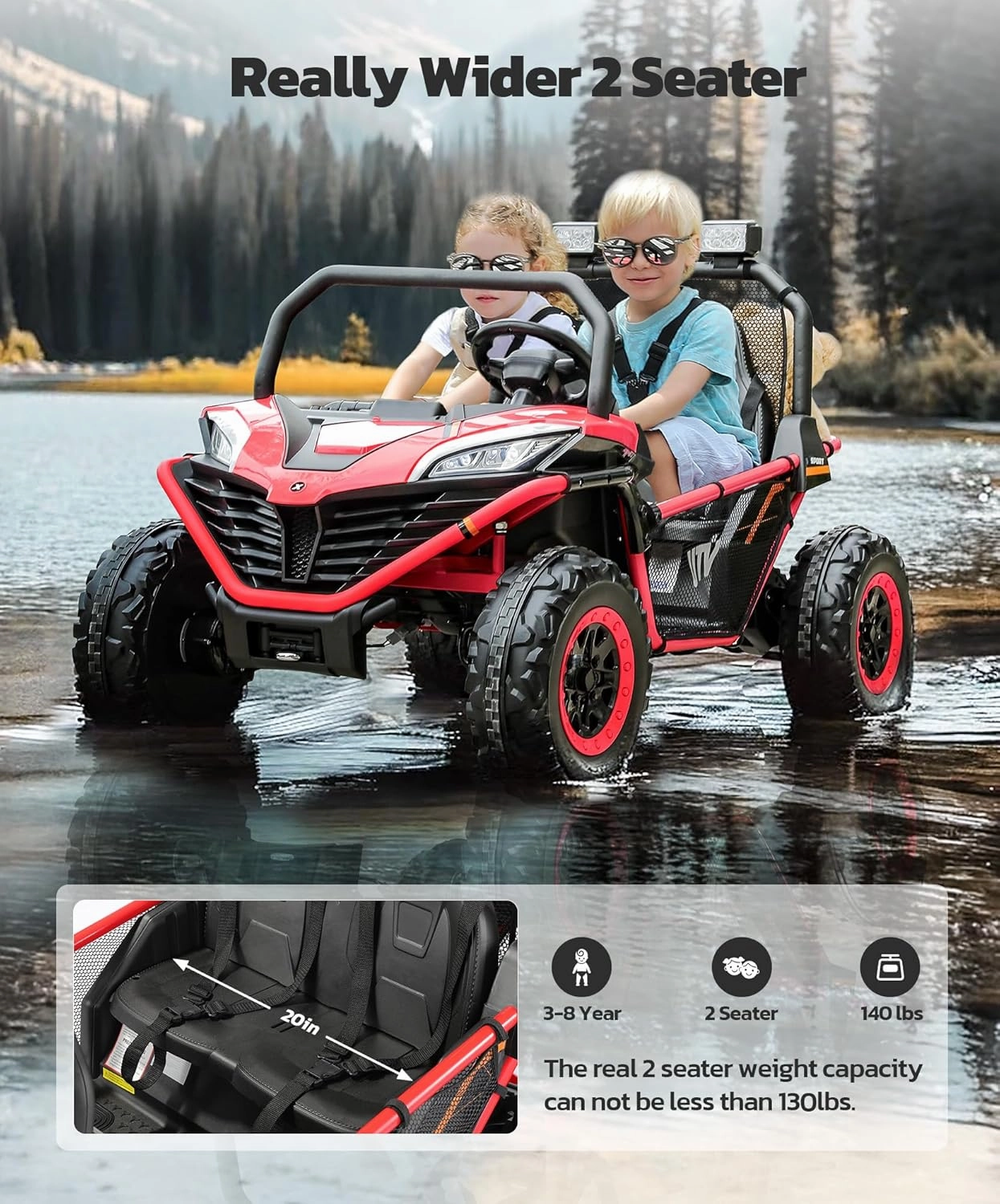 ELEMARA 24V 2 Seater Ride on Car for Kids,10AH 4WD Powered Ride on Toy for Big Kids,4.5MPH Large Side by Side Electric Car with Remote,Bluetooth,LED Light,3 Speeds,Music，Storage for 3-8 Gift,Red