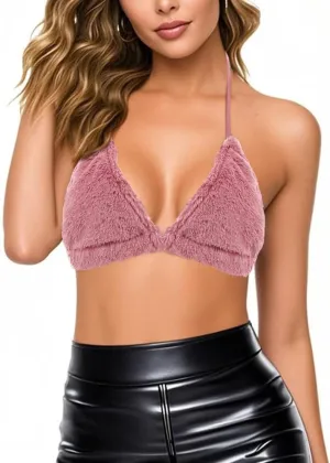 Erinaco Women's Fluffy Plush Crop Top Sexy Bra Halter Lace-up Bikini Bralette Tank Tops Cami