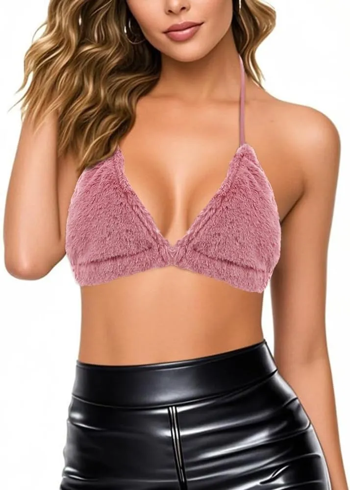 Erinaco Women's Fluffy Plush Crop Top Sexy Bra Halter Lace-up Bikini Bralette Tank Tops Cami