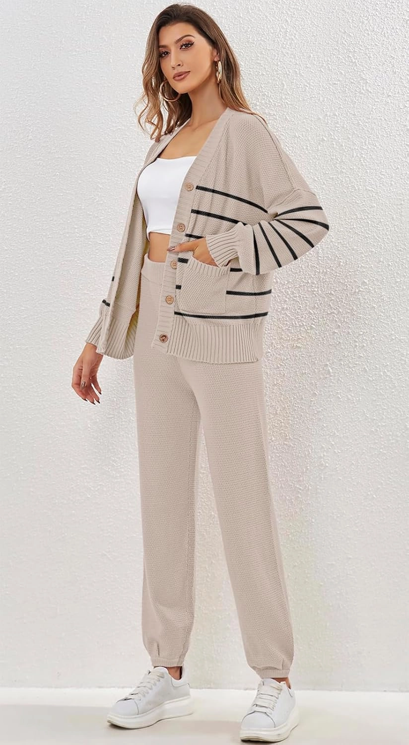 ETCYY NEW Women's 2 Piece Outfit Lounge Set Trendy Cardigan Sweater Pants Sets V Neck Button Pocket Knit Matching Loungewear