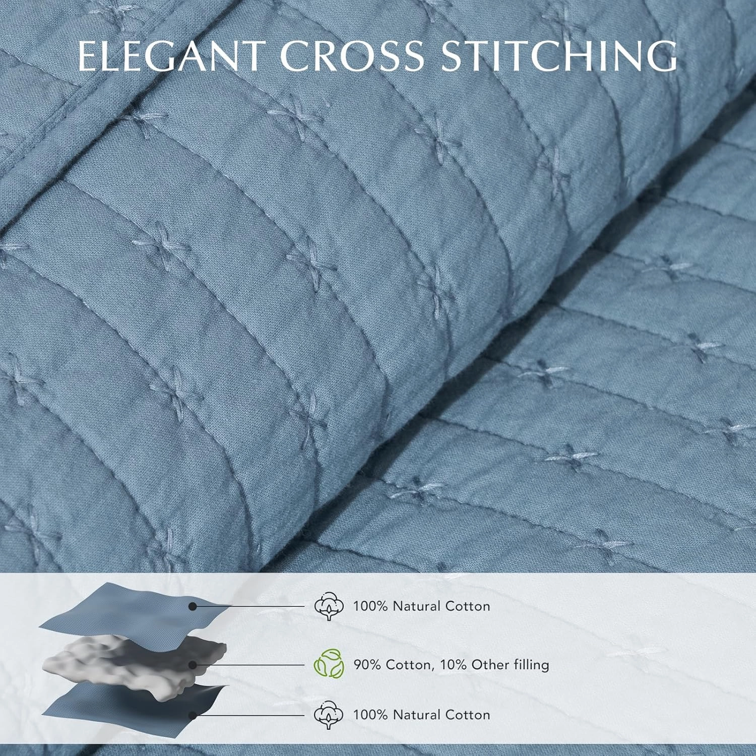 EVERGRACE x Kinsey Walsh Cross Stitch Pre-Washed Cotton Quilt Bedding Set King Size, Oversized 3 Pieces Lightweight Bedspread Coverlet for All Season, with 2 Matching Shams, Dusty Blue, 108"x96"