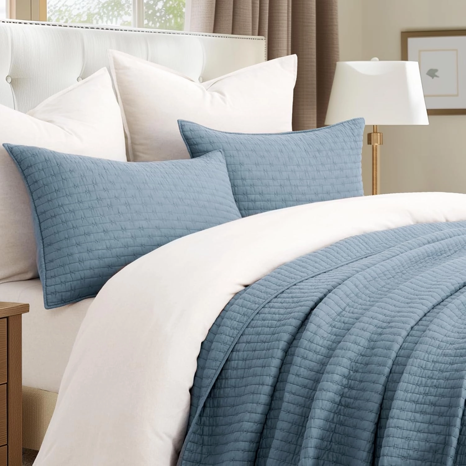 EVERGRACE x Kinsey Walsh Cross Stitch Pre-Washed Cotton Quilt Bedding Set King Size, Oversized 3 Pieces Lightweight Bedspread Coverlet for All Season, with 2 Matching Shams, Dusty Blue, 108"x96"