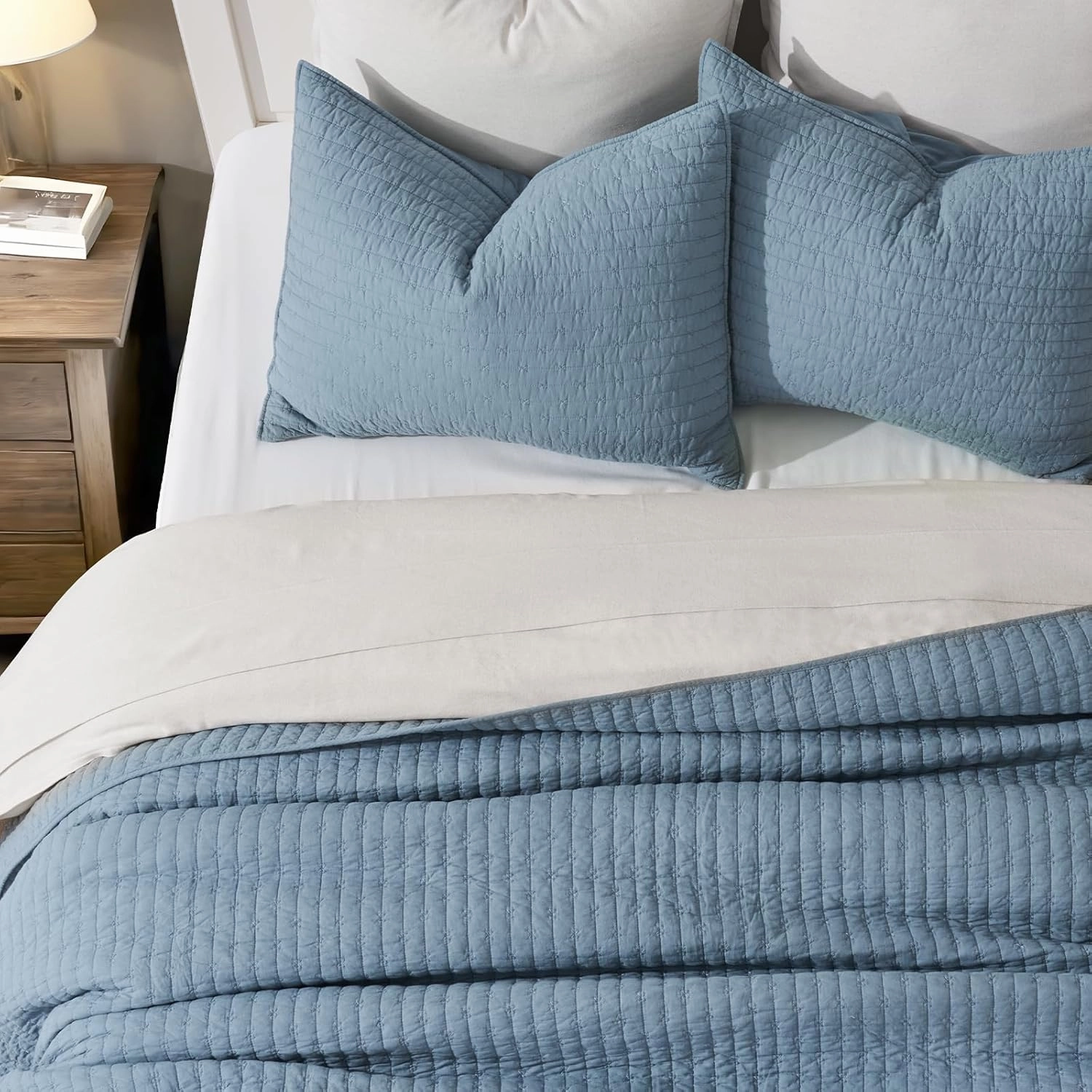 EVERGRACE x Kinsey Walsh Cross Stitch Pre-Washed Cotton Quilt Bedding Set King Size, Oversized 3 Pieces Lightweight Bedspread Coverlet for All Season, with 2 Matching Shams, Dusty Blue, 108"x96"