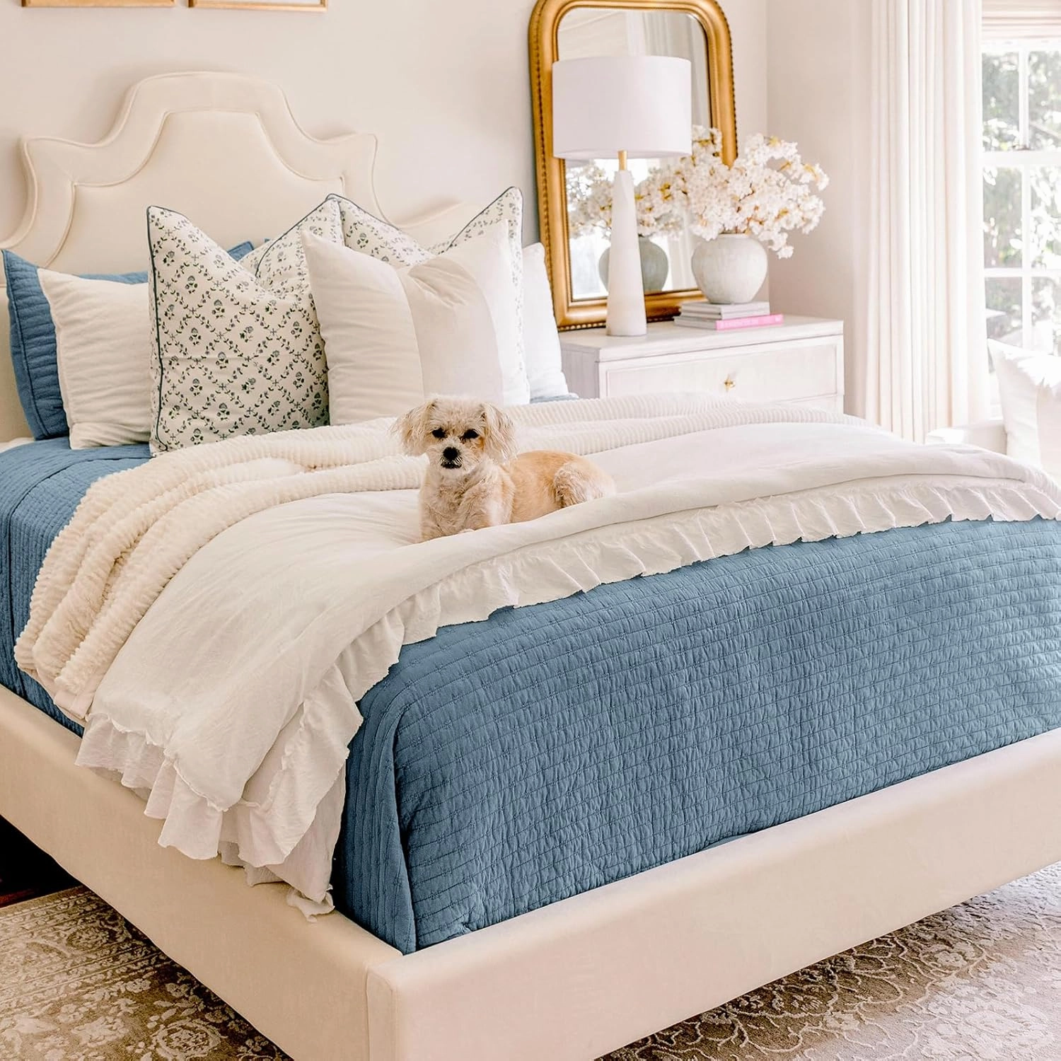 EVERGRACE x Kinsey Walsh Cross Stitch Pre-Washed Cotton Quilt Bedding Set King Size, Oversized 3 Pieces Lightweight Bedspread Coverlet for All Season, with 2 Matching Shams, Dusty Blue, 108"x96"