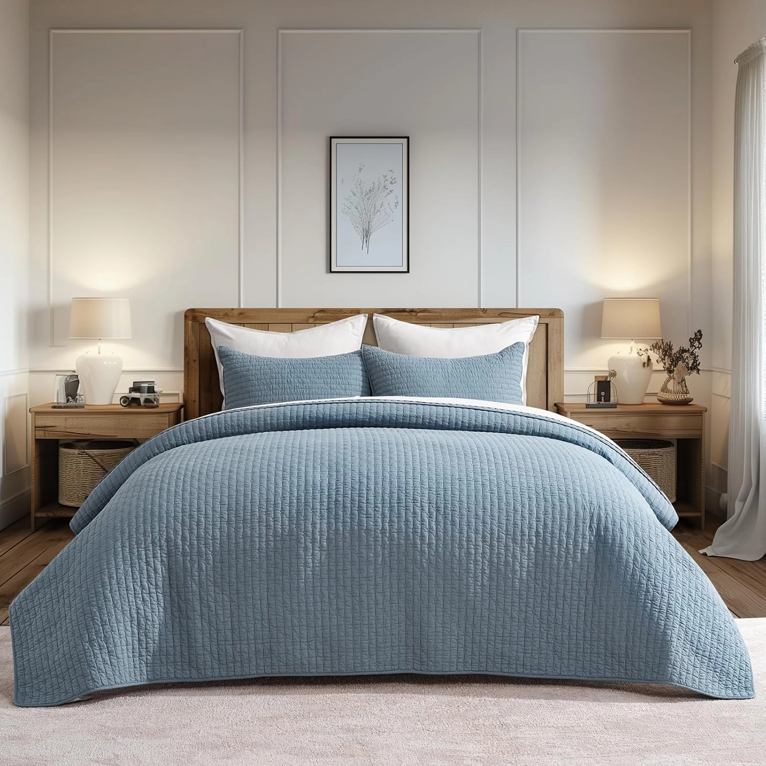 EVERGRACE x Kinsey Walsh Cross Stitch Pre-Washed Cotton Quilt Bedding Set King Size, Oversized 3 Pieces Lightweight Bedspread Coverlet for All Season, with 2 Matching Shams, Dusty Blue, 108"x96"