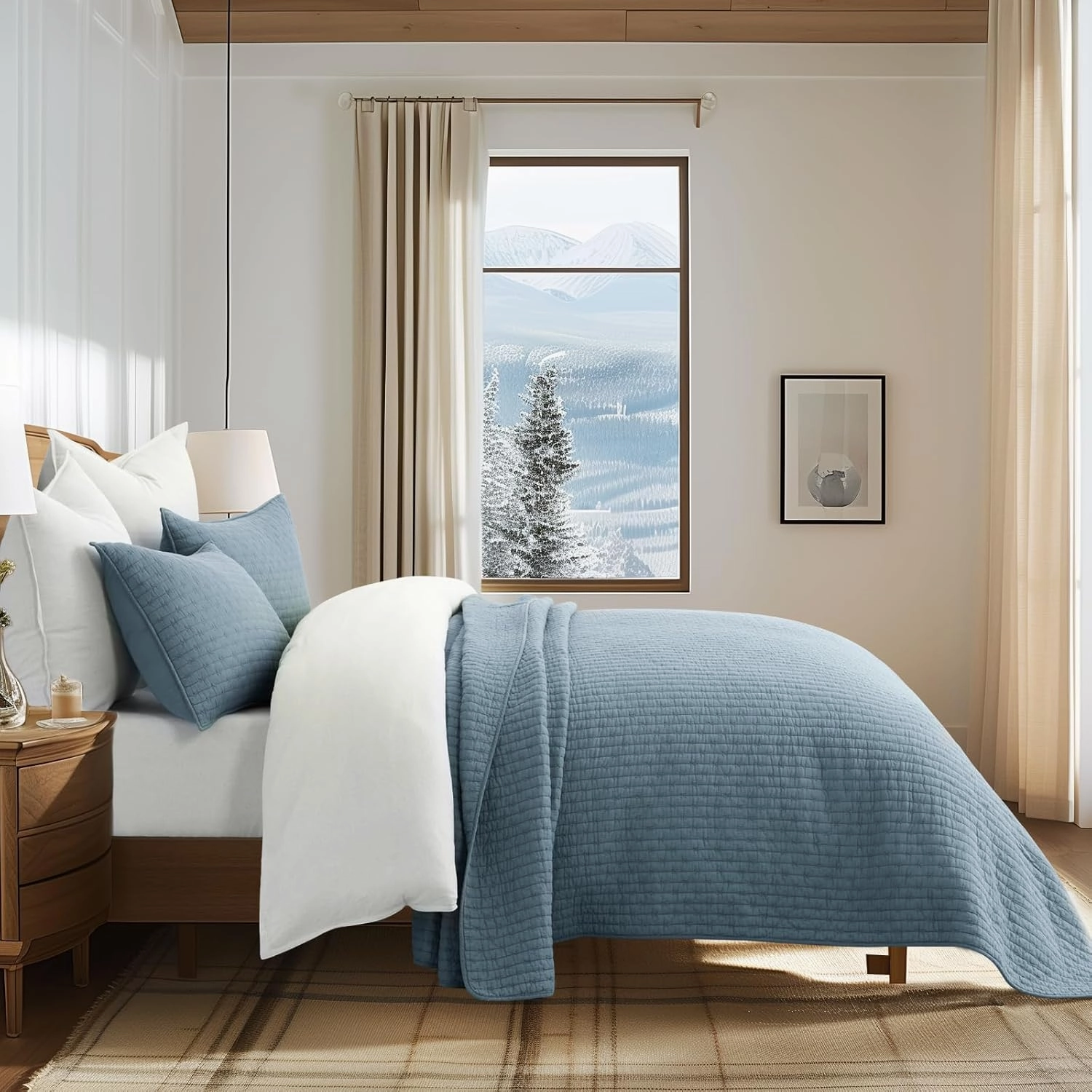 EVERGRACE x Kinsey Walsh Cross Stitch Pre-Washed Cotton Quilt Bedding Set King Size, Oversized 3 Pieces Lightweight Bedspread Coverlet for All Season, with 2 Matching Shams, Dusty Blue, 108"x96"