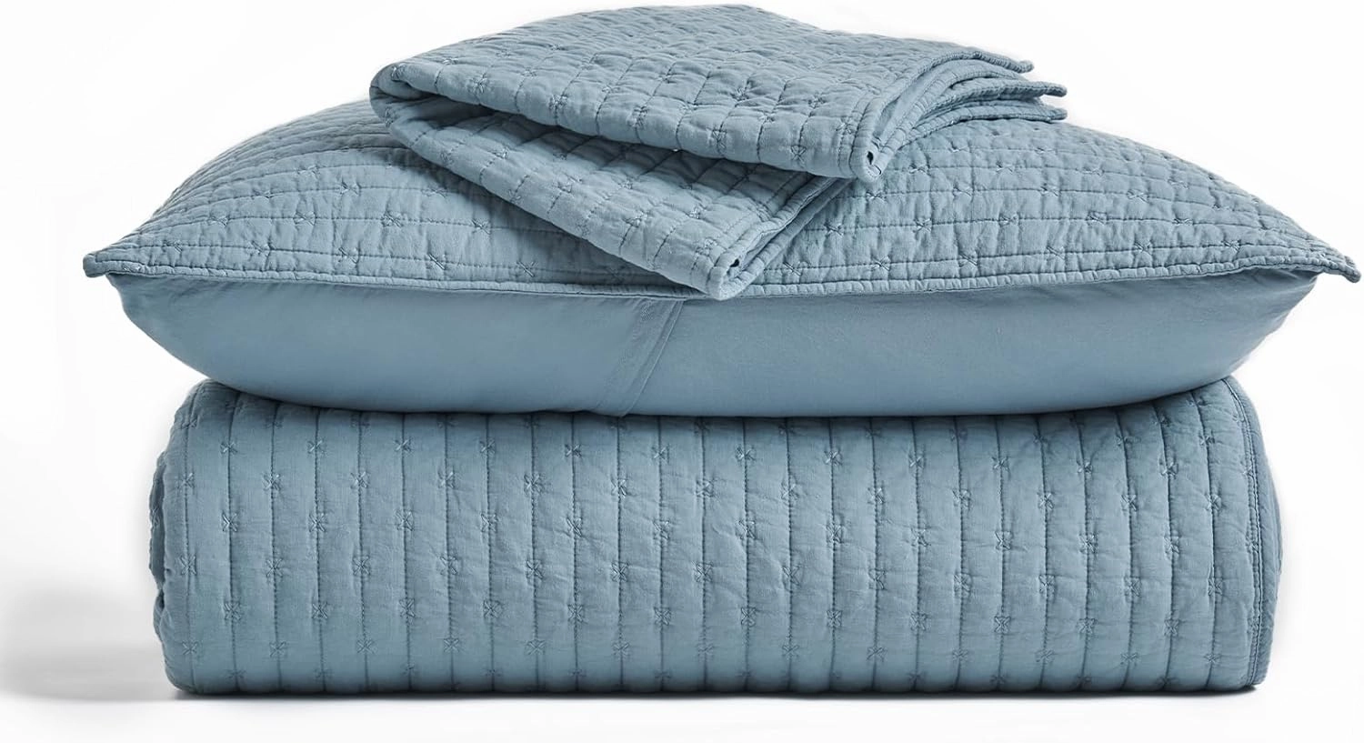 EVERGRACE x Kinsey Walsh Cross Stitch Pre-Washed Cotton Quilt Bedding Set King Size, Oversized 3 Pieces Lightweight Bedspread Coverlet for All Season, with 2 Matching Shams, Dusty Blue, 108"x96"