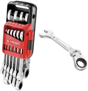 Facom - Set of 10 Articulated Combination Ratchet Spanners - 467BF.JP10 - Metric and Inch Ratchet Keys - Compact and Easy to Use - Chemical and Shock Resistant - Portable Case