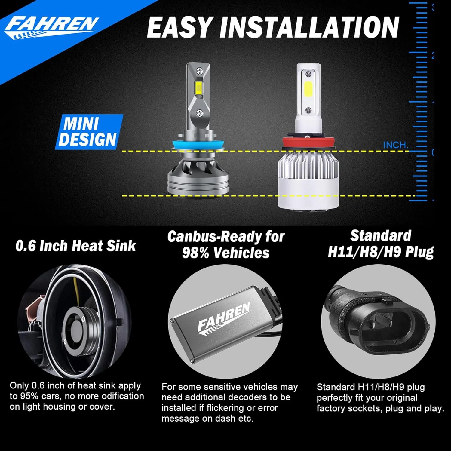 FAHREN H11/H8/H9 Light Bulb, 30000LM Super Bright, 6500K Cool White H11 Fog Light Bulb, IP68 Waterproof, Pack of 2