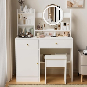 Fashion Vanity Desk with Mirror and Lights for Makeup and Cushioned Chair, Vanity Mirror with Lights and Table Set with 3 Color Lighting Brightness Adjustable,Dressing Table, White Color NR822