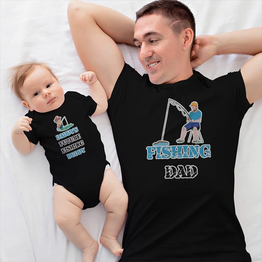 Father's Day Dad and Baby Matching Outfits Clothes Fishing Dad Rod Pond Daddy's Buddy Baby