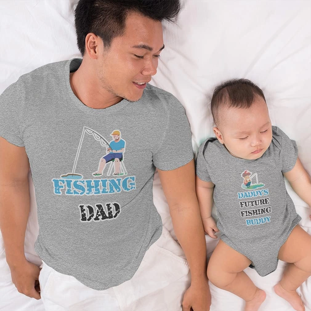 Father's Day Dad and Baby Matching Outfits Clothes Fishing Dad Rod Pond Daddy's Buddy Baby