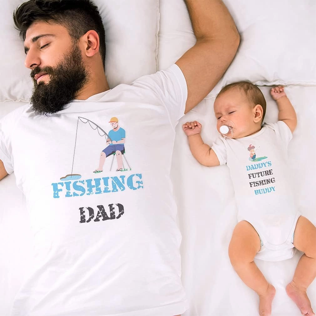 Father's Day Dad and Baby Matching Outfits Clothes Fishing Dad Rod Pond Daddy's Buddy Baby