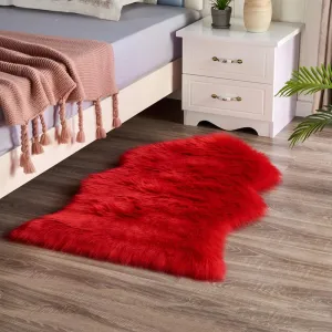 Faux Fur Sheepskin Small Area Rugs Chair Cover Seat Pad Plush Fur Home Decor Carpets 2x3 Ft Luxurious Wool Foot Mats Rug for Bedroom Living Kids Room, Machine Washable Shag Rug (Red)