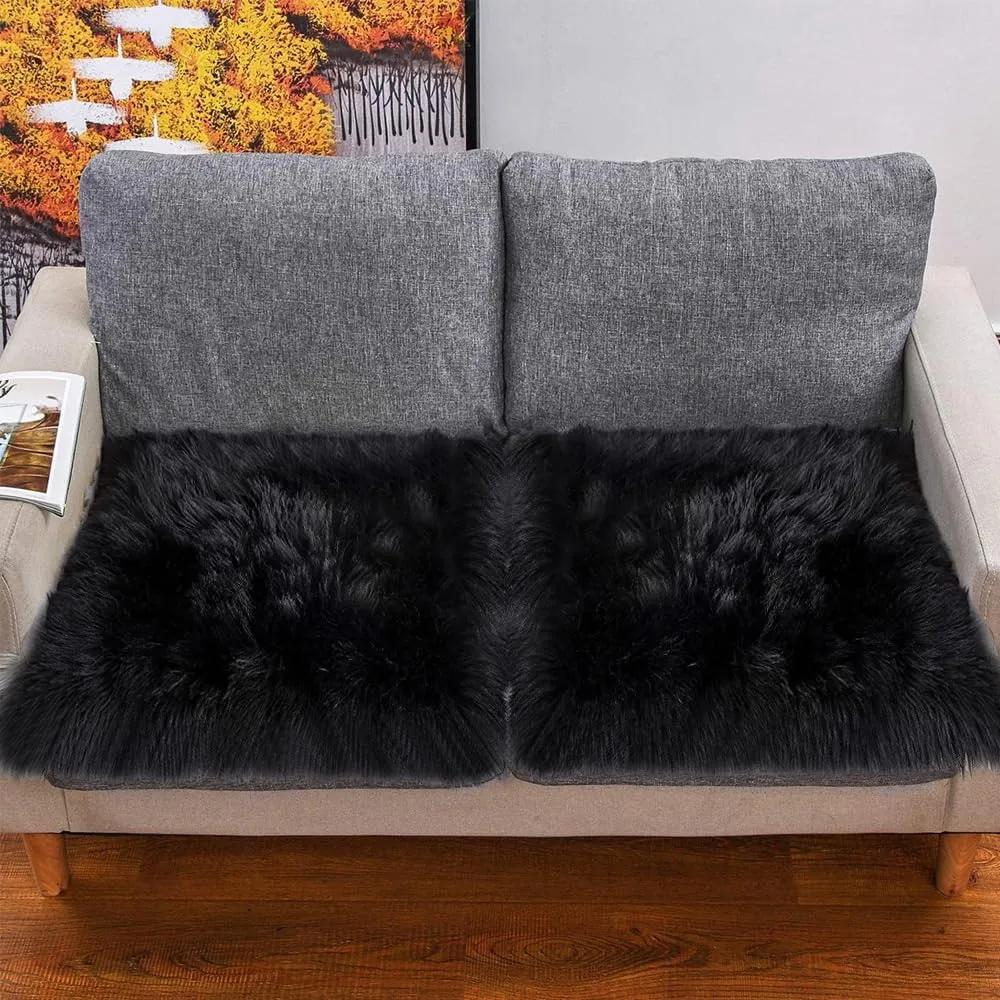 Faux Fur Sheepskin Square Chair Cover Seat Cushion Pad, 24"*24" Luxurious Wool Area Rugs Fluffy Floor Mat for Living Sofa, Photographing Background Office Home Decor Carpet (Black)