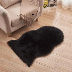 Faux Fur Sheepskin Small Area Rugs Chair Cover Seat Pad Plush Fur Home Decor Carpets 2x3 Ft Luxurious Wool Foot Mats Rug for Bedroom Living Kids Room, Machine Washable Shag Rug (Black)