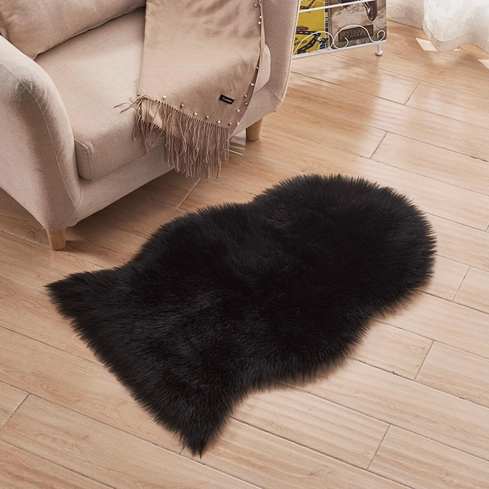 Faux Fur Sheepskin Small Area Rugs Chair Cover Seat Pad Plush Fur Home Decor Carpets 2x3 Ft Luxurious Wool Foot Mats Rug for Bedroom Living Kids Room, Machine Washable Shag Rug (Black)