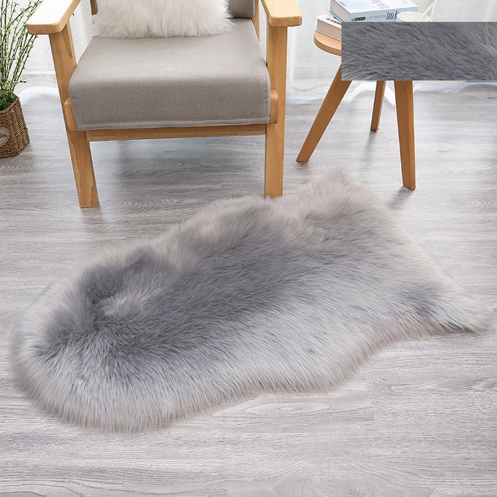 Faux Fur Sheepskin Small Area Rugs Chair Cover Seat Pad Plush Fur Home Decor Carpets 2x3 Ft Luxurious Wool Foot Mats Rug for Bedroom Living Kids Room, Machine Washable Shag Rug (Grey)