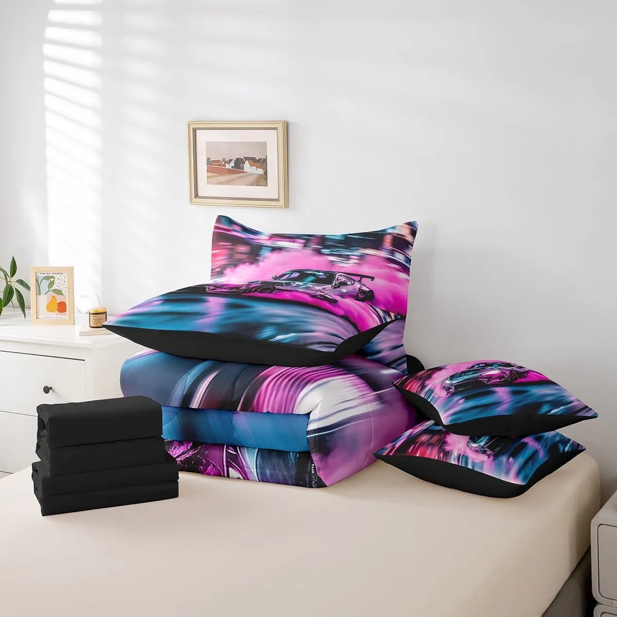 Feelyou Pink Race Car Bedding Set Queen Size Speed Sports Car Comforter Set 7 Pieces Modern Extreme Sports Racing Car Bed in a Bag Fast and Furious Bed Set with Comforter, Sheet Set, Pillowcases