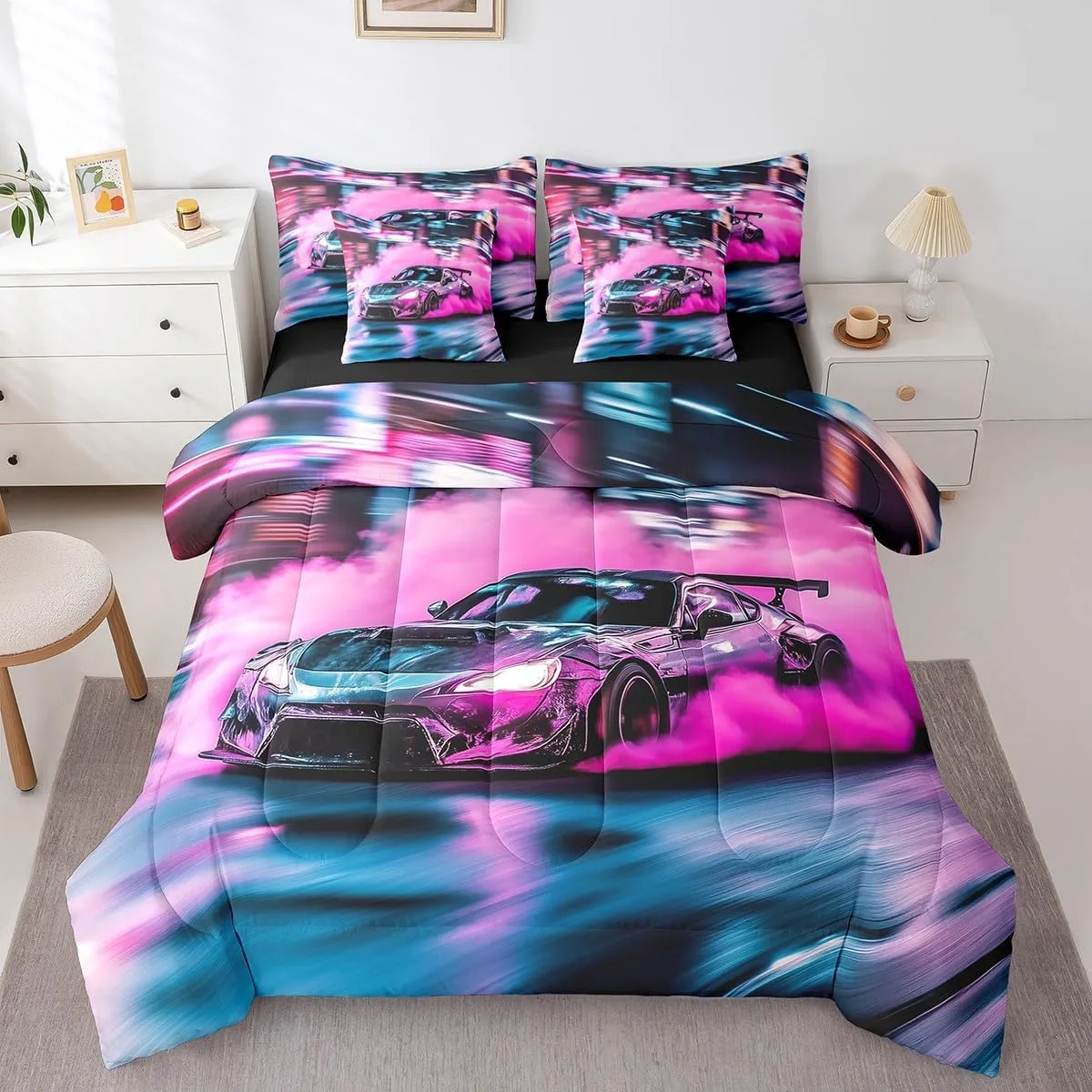 Feelyou Pink Race Car Bedding Set Queen Size Speed Sports Car Comforter Set 7 Pieces Modern Extreme Sports Racing Car Bed in a Bag Fast and Furious Bed Set with Comforter, Sheet Set, Pillowcases