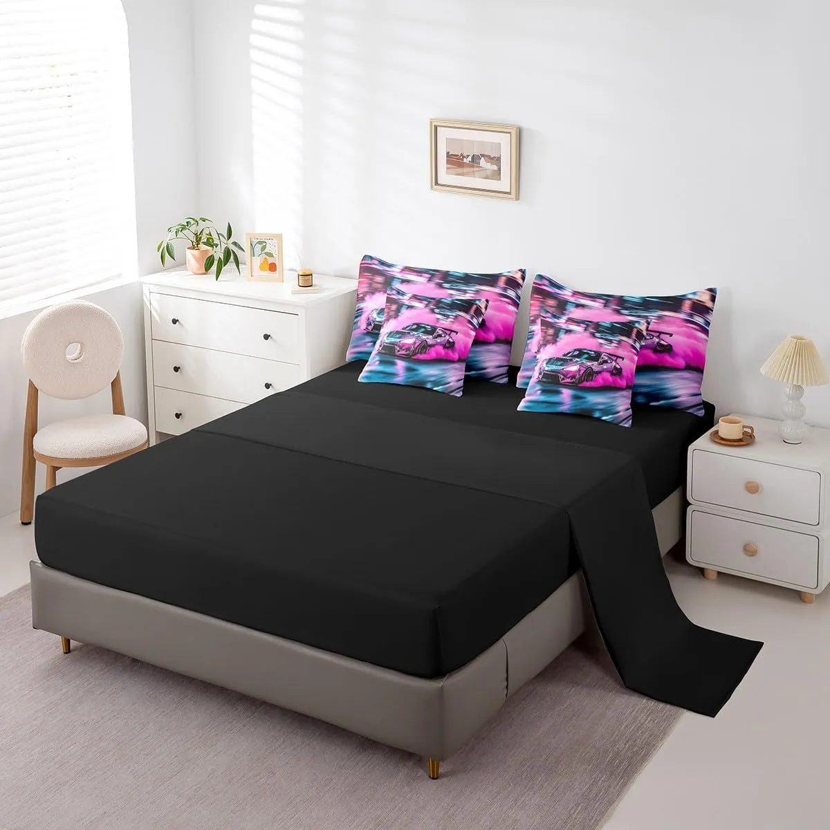 Feelyou Pink Race Car Bedding Set Queen Size Speed Sports Car Comforter Set 7 Pieces Modern Extreme Sports Racing Car Bed in a Bag Fast and Furious Bed Set with Comforter, Sheet Set, Pillowcases