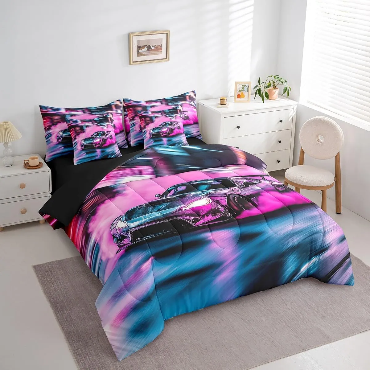 Feelyou Pink Race Car Bedding Set Queen Size Speed Sports Car Comforter Set 7 Pieces Modern Extreme Sports Racing Car Bed in a Bag Fast and Furious Bed Set with Comforter, Sheet Set, Pillowcases
