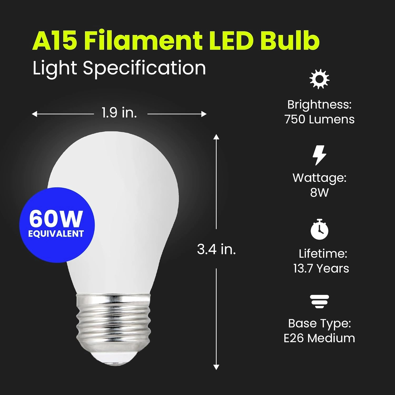 Feit Electric A15 LED Light Filament Bulb, 60W Equivalent, Dimmable, E26 Base, 2700K Soft White, 750 Lumens, Vintage Edison Light Bulb for Home, Office, 13-Year Lifetime, BPA1560W927CAFIL2RP6, 12 Pack