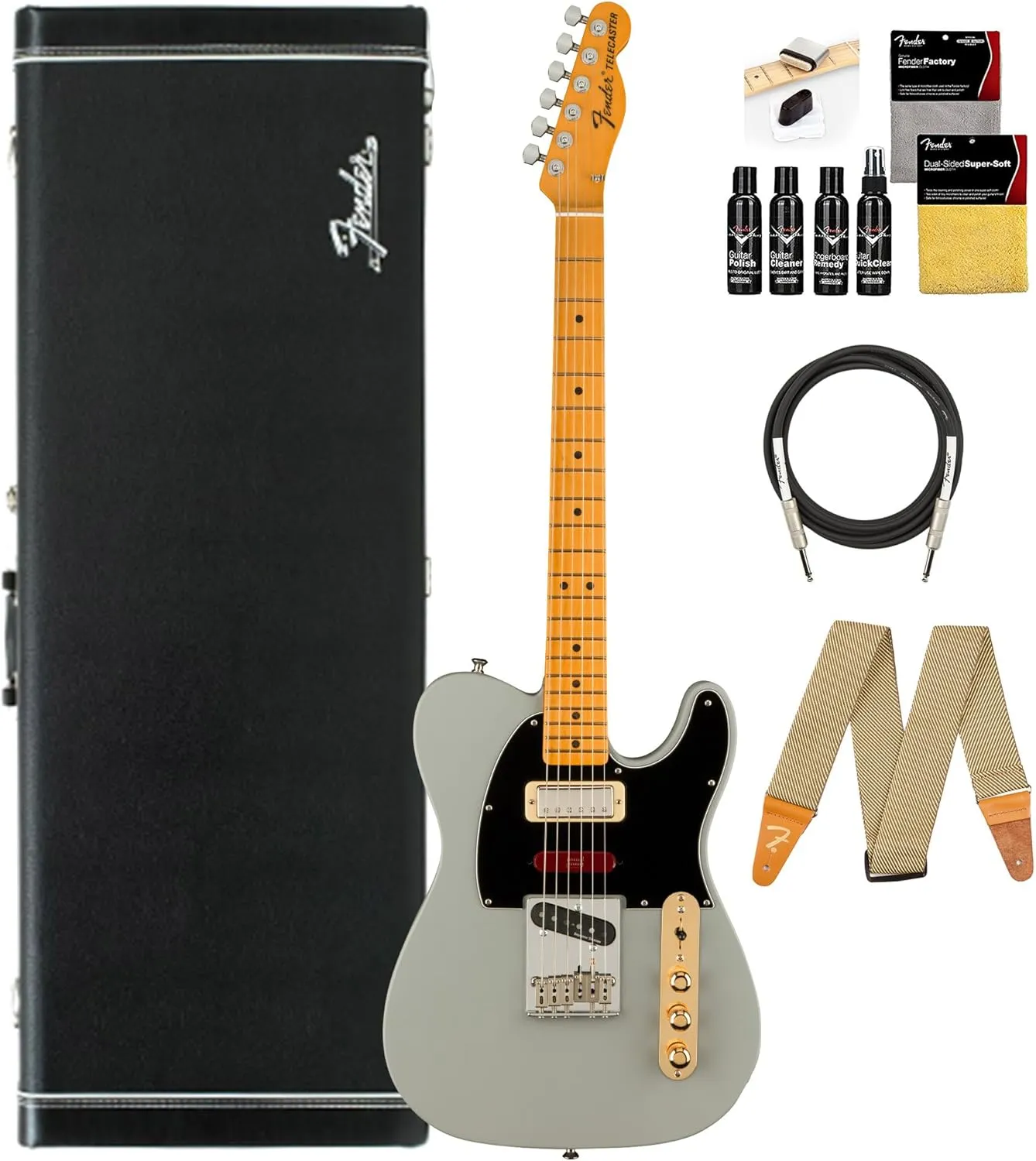Fender Brent Mason Telecaster - Primer Gray Bundle with Deluxe Black Hard Case, Cable, Strap and Guitar Cleaning Kit