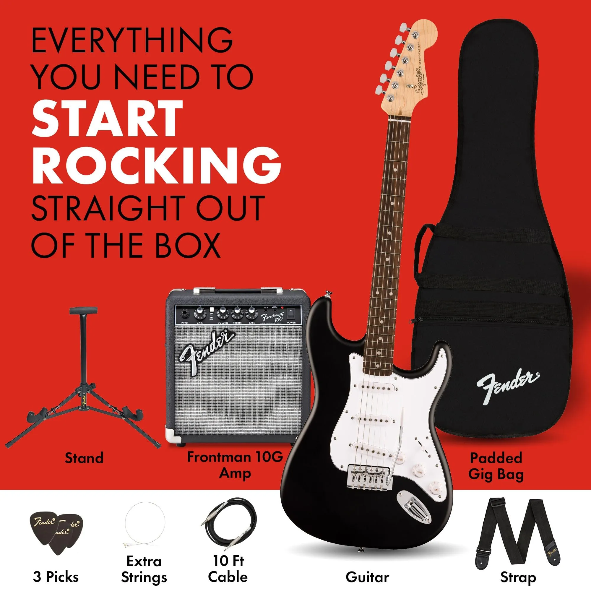 Fender Squier Debut Series Stratocaster Electric Guitar Kit, Beginner Guitar Kit, with 2-Year Warranty, with Padded Gig Bag, Frontman 10G Amp, Strap, and More, Includes Free Lessons, Black