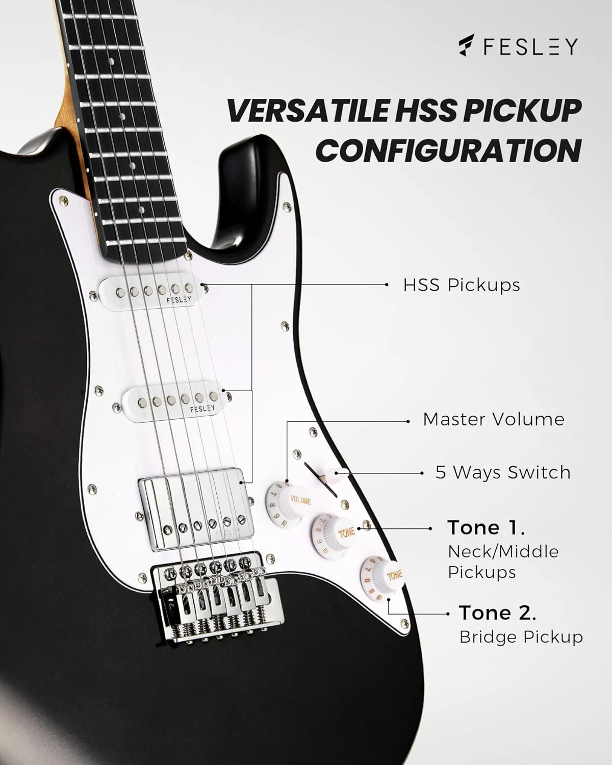Fesley 39 Inch Electric Guitar: Beginner Electric Guitar Kit with HSS Pickup, Full Size Solid Body Guitar Starter Set with Amplifier, Bag, Strap, String, Cable, Picks, FST100, Black