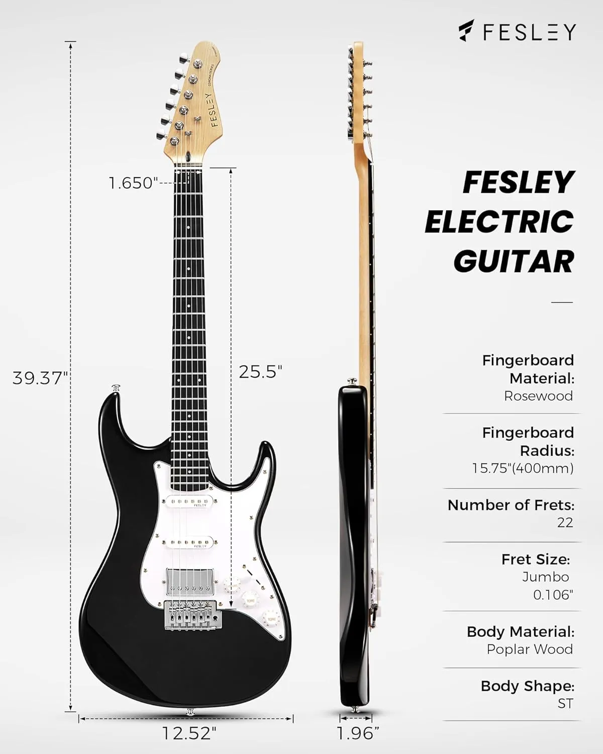 Fesley 39 Inch Electric Guitar: Beginner Electric Guitar Kit with HSS Pickup, Full Size Solid Body Guitar Starter Set with Amplifier, Bag, Strap, String, Cable, Picks, FST100, Black