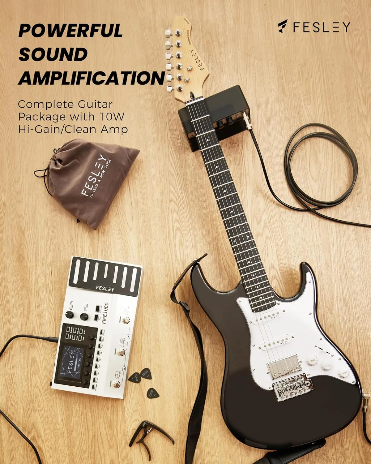 Fesley 39 Inch Electric Guitar: Beginner Electric Guitar Kit with HSS Pickup, Full Size Solid Body Guitar Starter Set with Amplifier, Bag, Strap, String, Cable, Picks, FST100, Black