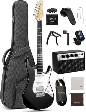 Fesley 39 Inch Electric Guitar: Beginner Electric Guitar Kit with HSS Pickup, Full Size Solid Body Guitar Starter Set with Amplifier, Bag, Strap, String, Cable, Picks, FST100, Black
