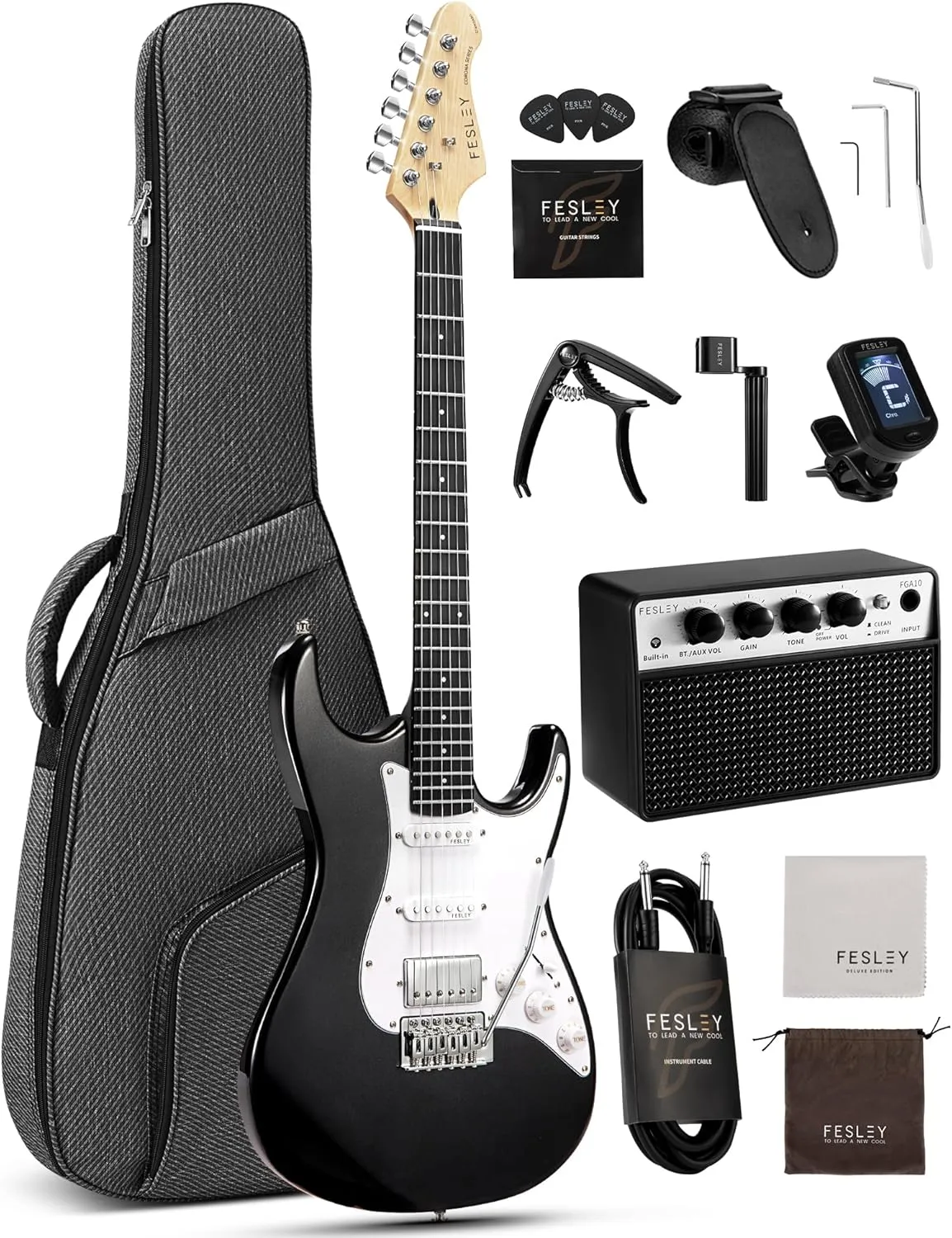 Fesley 39 Inch Electric Guitar: Beginner Electric Guitar Kit with HSS Pickup, Full Size Solid Body Guitar Starter Set with Amplifier, Bag, Strap, String, Cable, Picks, FST100, Black