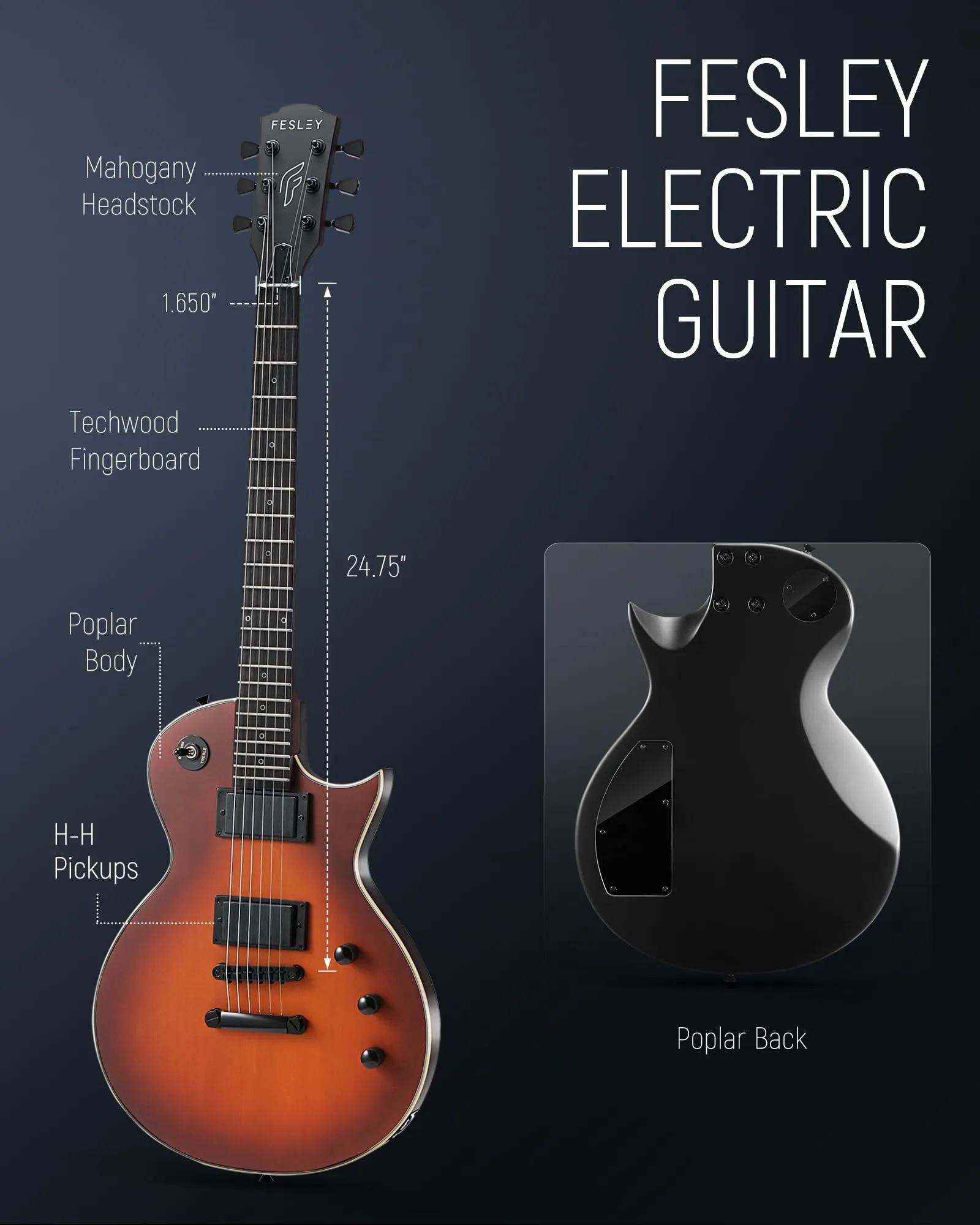 Fesley 39" LP Electric Guitar Kit:Full Size Solid Body Electric Guitars for Beginners with Humbucker Pickups,Poplar Body,Mahogany Neck,22 Frets,6 String Guitar with Gig Bag,Cable,FLP350,Matte,Sunburst