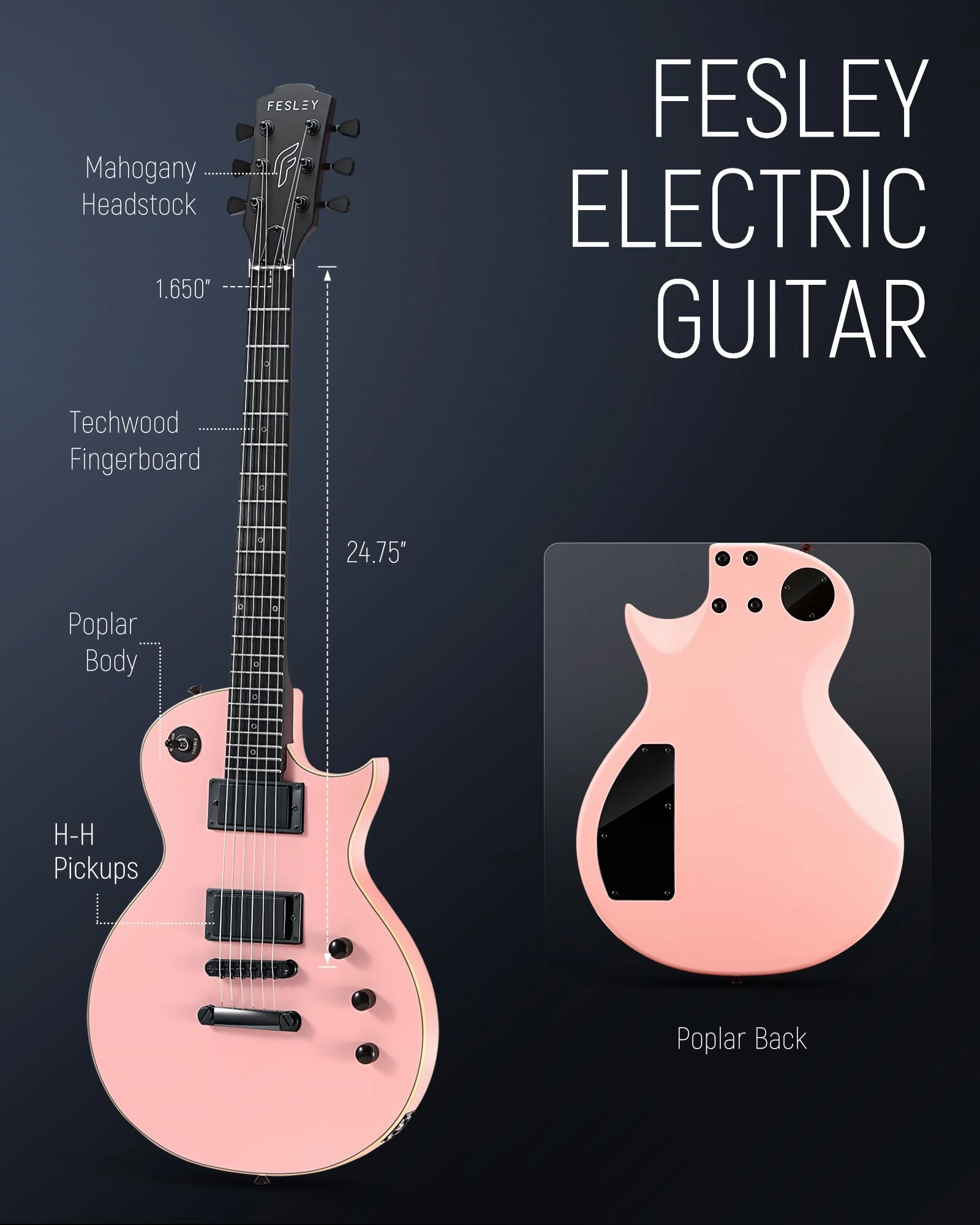 Fesley 39" LP Electric Guitar Kit: Full Size Solid Body Electric Guitars for Beginners with Humbucker Pickups, Poplar Body, Mahogany Neck,22 Frets,6 String Guitar with Gig Bag,Cable,FLP350,Matte,Pink