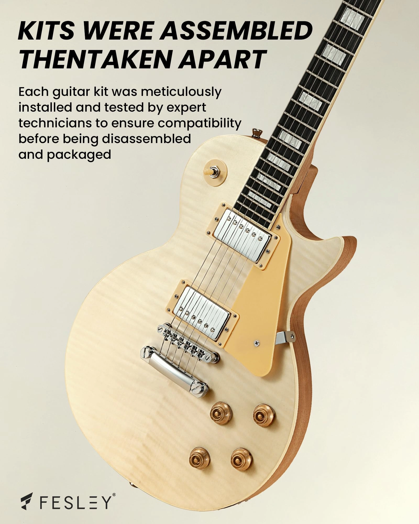 Fesley DIY LP Style Electric Guitar Kits with Mahogany Wood Body/Neck, 6 Strings Electric Guitar Kits, Techwood Fretboard, H-H Pickups, Flamed Maple Veneer Top, Build Your Own Guitar Kit, Natural
