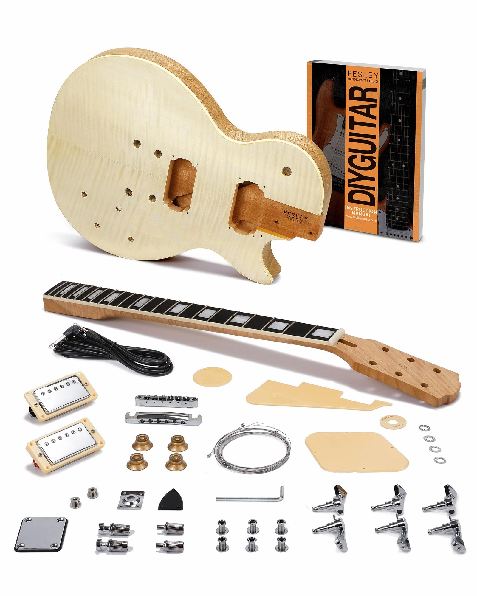 Fesley DIY LP Style Electric Guitar Kits with Mahogany Wood Body/Neck, 6 Strings Electric Guitar Kits, Techwood Fretboard, H-H Pickups, Flamed Maple Veneer Top, Build Your Own Guitar Kit, Natural