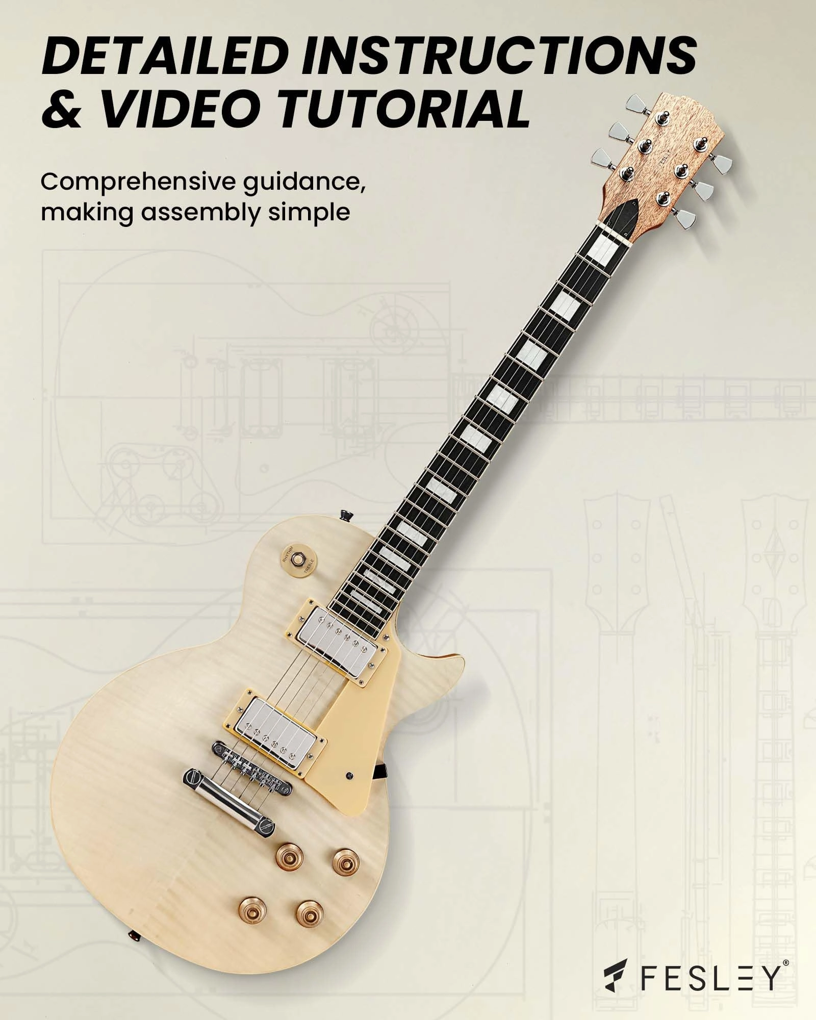 Fesley DIY LP Style Electric Guitar Kits with Mahogany Wood Body/Neck, 6 Strings Electric Guitar Kits, Techwood Fretboard, H-H Pickups, Flamed Maple Veneer Top, Build Your Own Guitar Kit, Natural