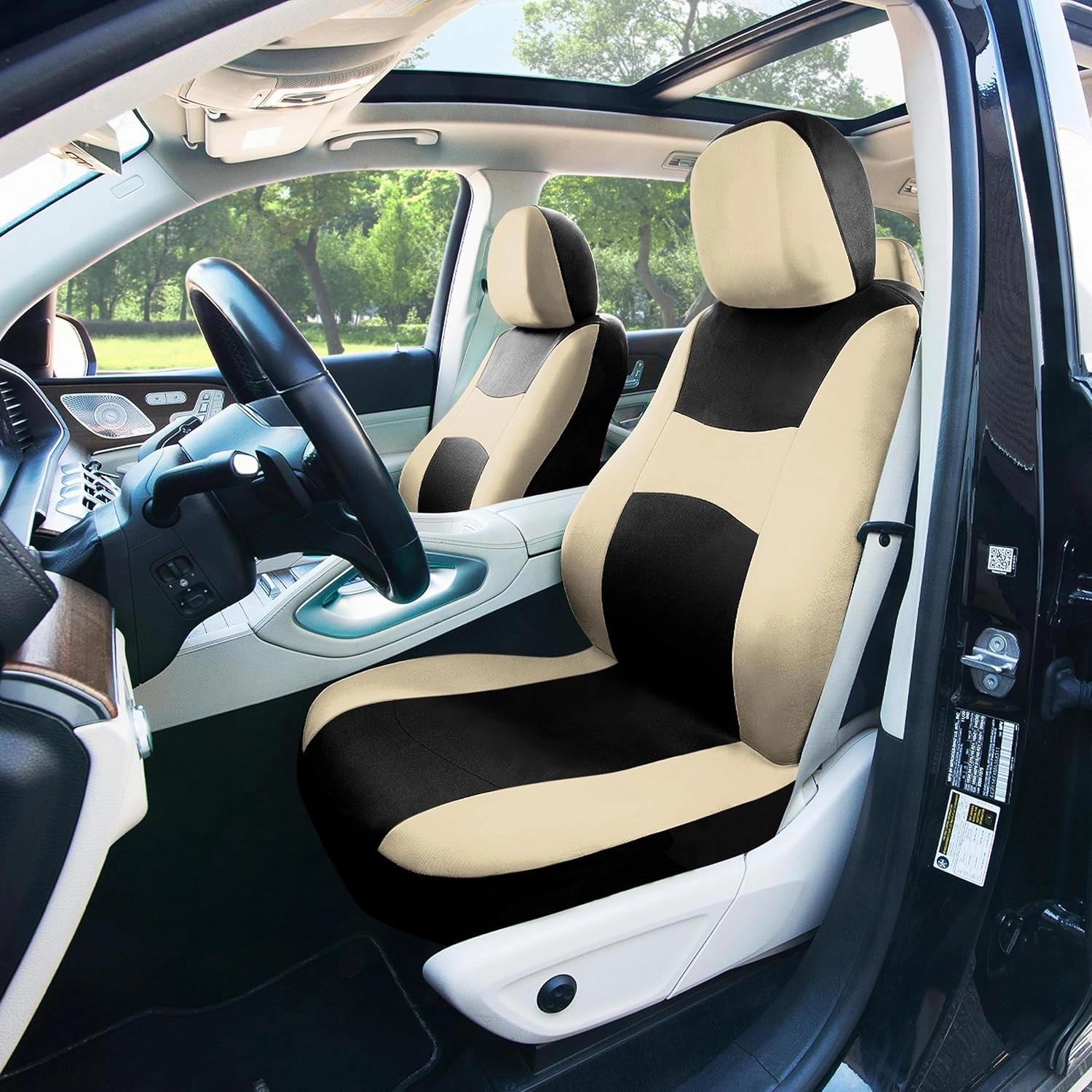 FH Group Full Set Light and Breezy Car Interior Covers-Front and Rear Split Bench Beige Seat Covers,Universal Fit for Cars, Trucks and SUVs