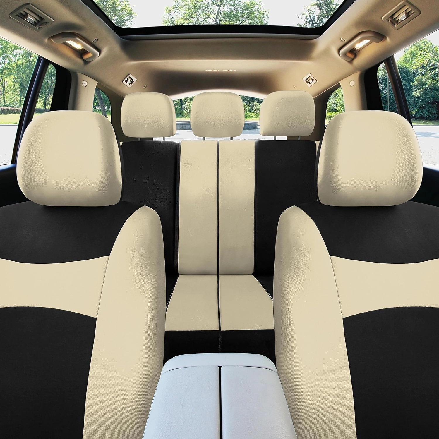 FH Group Full Set Light and Breezy Car Interior Covers-Front and Rear Split Bench Beige Seat Covers,Universal Fit for Cars, Trucks and SUVs