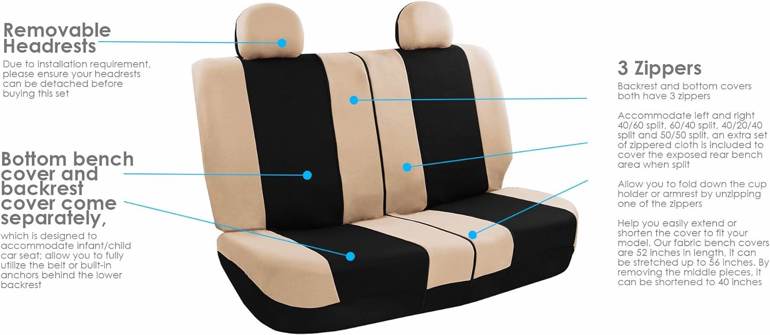 FH Group Full Set Light and Breezy Car Interior Covers-Front and Rear Split Bench Beige Seat Covers,Universal Fit for Cars, Trucks and SUVs