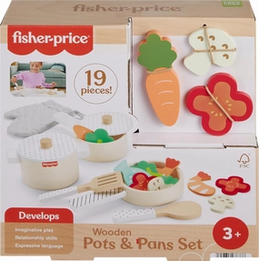 Fisher-Price Wood Kitchen Pretend Play Toy Pots & Pans Set, 19-Piece Playset Wooden, Metal & Fabric for Preschool Kids Ages 3  Years