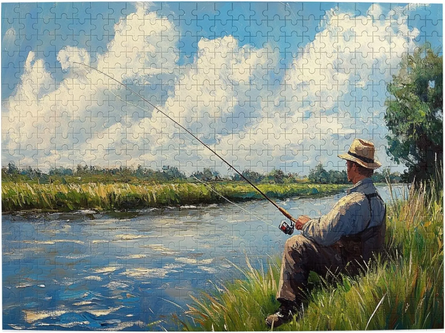 Fishing Enthusiast, 500 pcs challenging Wooden Puzzles, Modern Art in Oil Painting Style, Suitable for Holiday Entertainment Games, can be Given to Friends, Couples, and Family