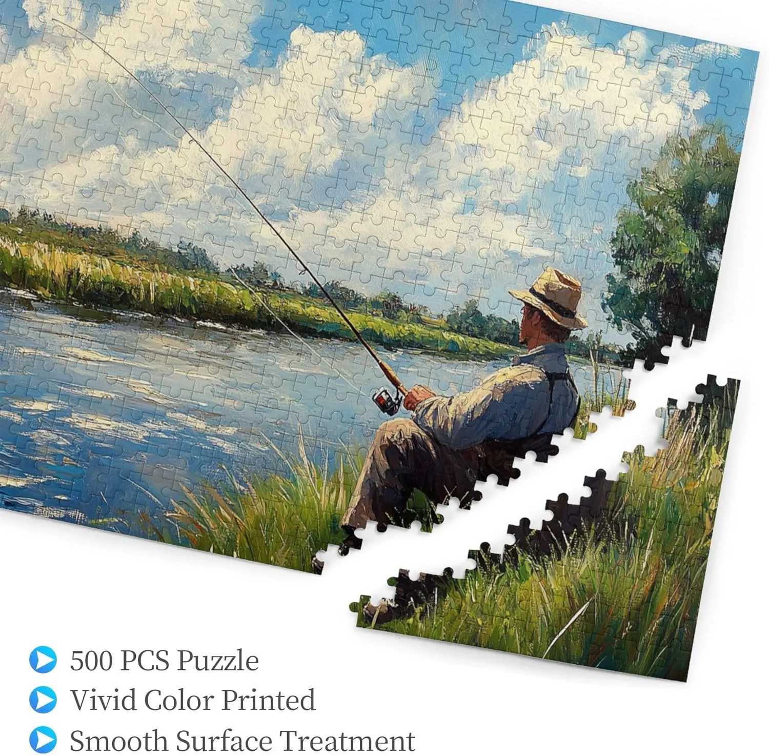 Fishing Enthusiast, 500 pcs challenging Wooden Puzzles, Modern Art in Oil Painting Style, Suitable for Holiday Entertainment Games, can be Given to Friends, Couples, and Family