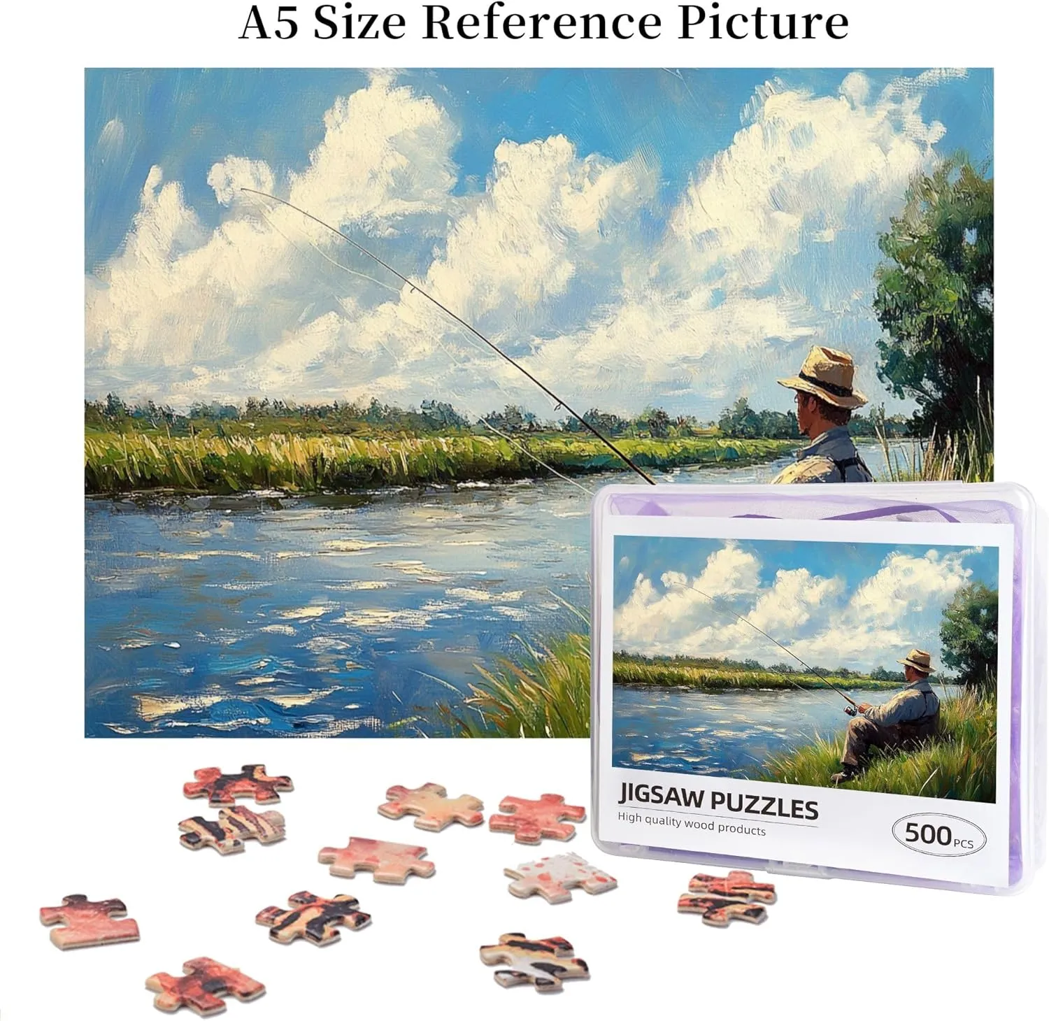Fishing Enthusiast, 500 pcs challenging Wooden Puzzles, Modern Art in Oil Painting Style, Suitable for Holiday Entertainment Games, can be Given to Friends, Couples, and Family