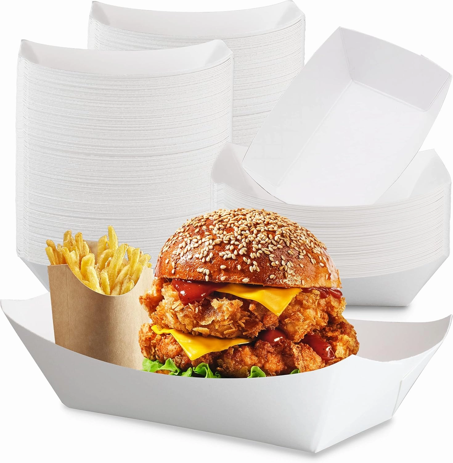 Fit Meal Prep [500 Pack 5 lb Paper Food Trays Heavy Duty Disposable Food Boats, White Nacho Tray for Parties Fairs Picnics Carnivals, Holds Hamburger Tacos Snack Fries, Grease Resistant